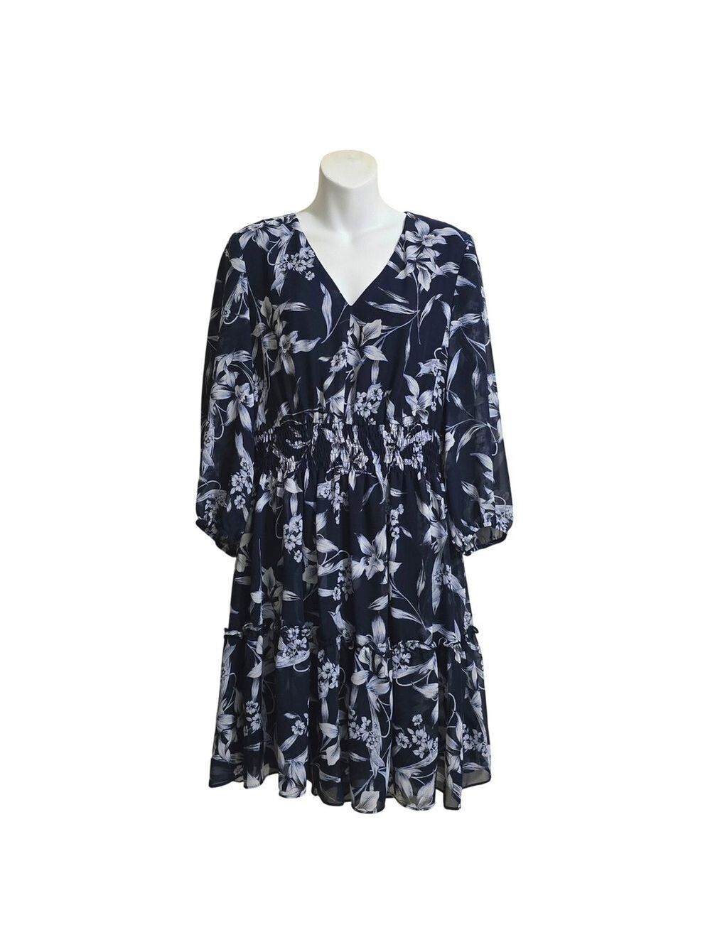 Just...Taylor Navy Floral Ruffled V-Neck Chiffon Smocked A-Line Mini Dress Sz 14